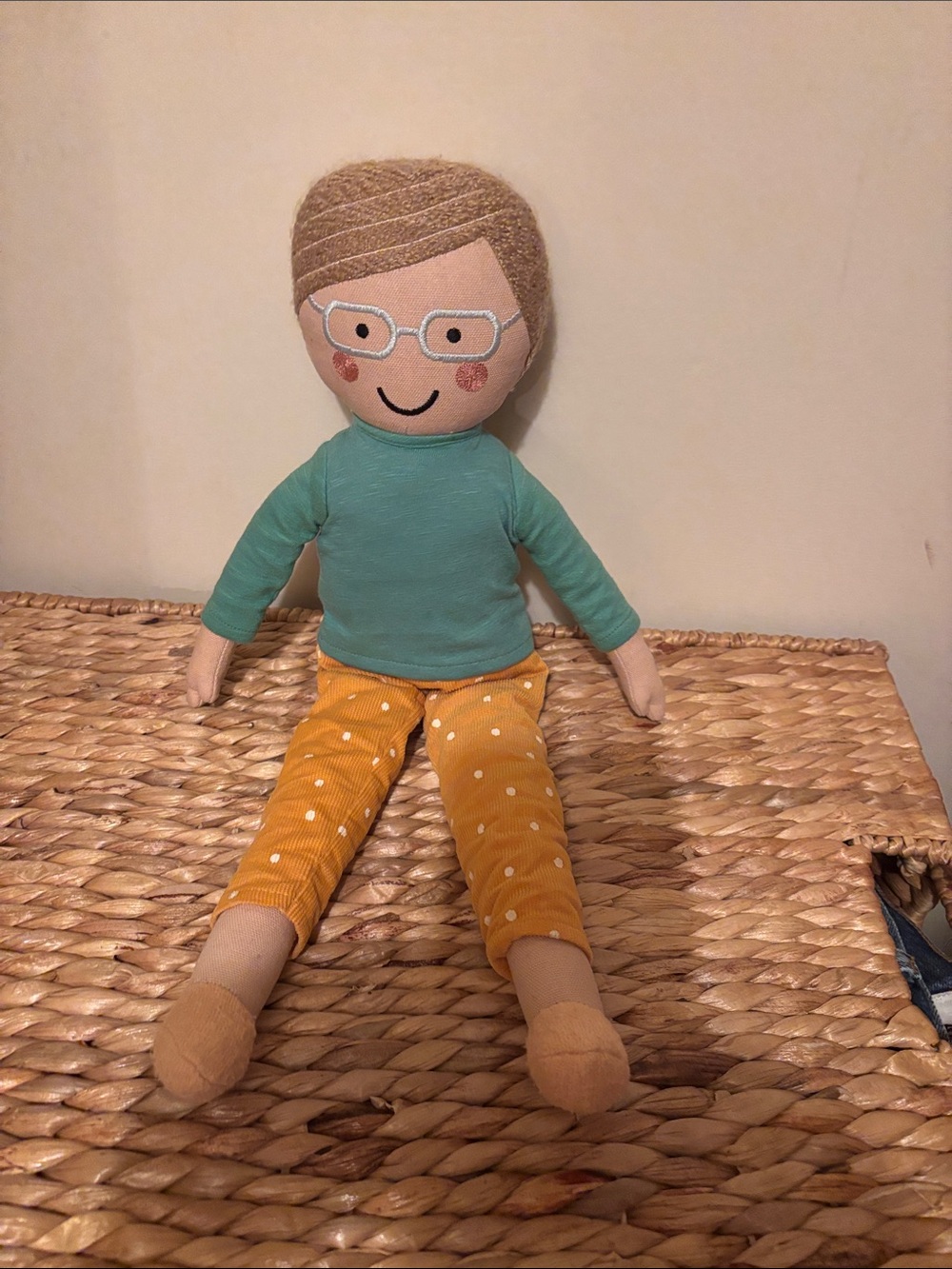 Pillowfort Lucas Doll in Teal Top and Mustard Polka Dot Pants